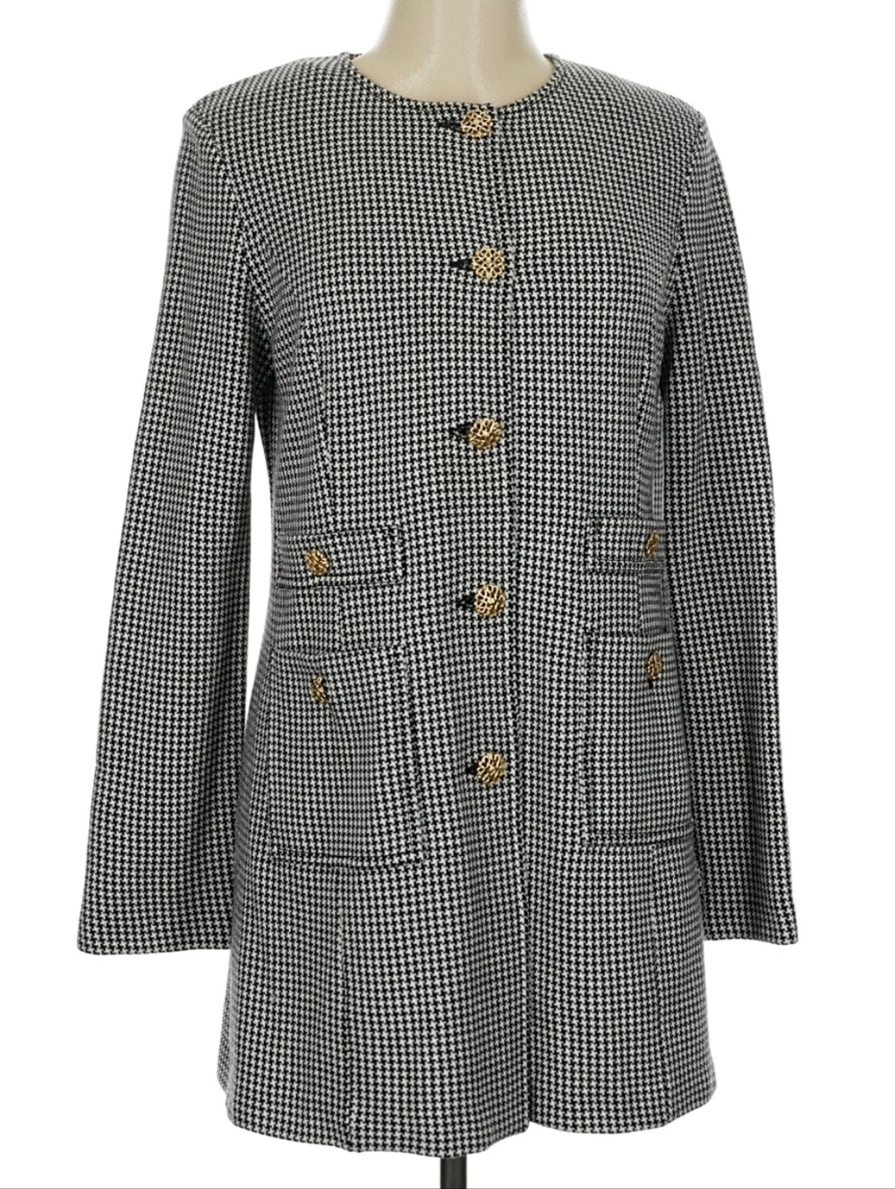 St. John Black & White Houndstooth Longline Blazer with Gold Buttons (6)